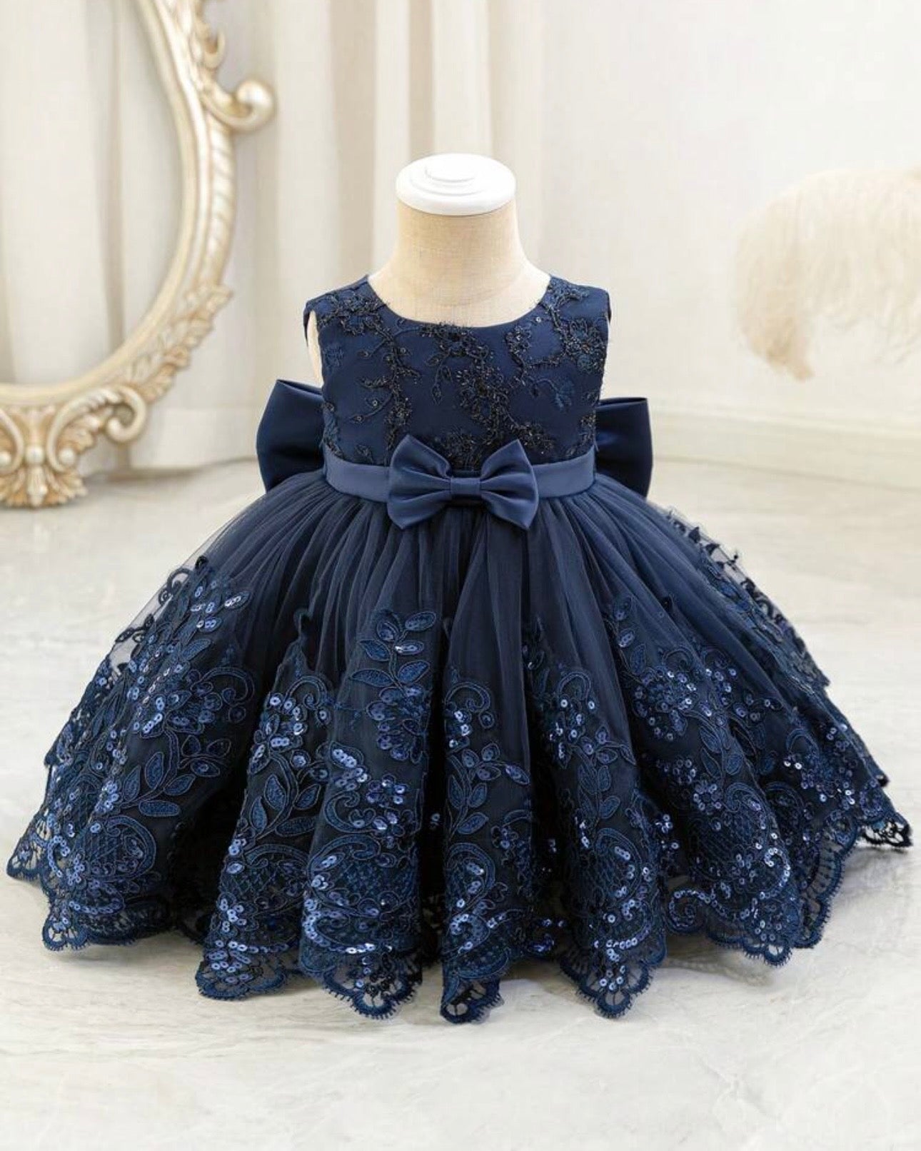 Baby Girl Navy Blue Lace Princess Dress With Bow