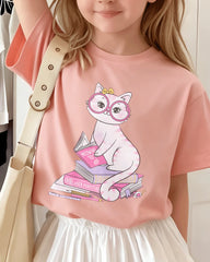 Teenage Girls Cat & Book Print Short Sleeve T-Shirt