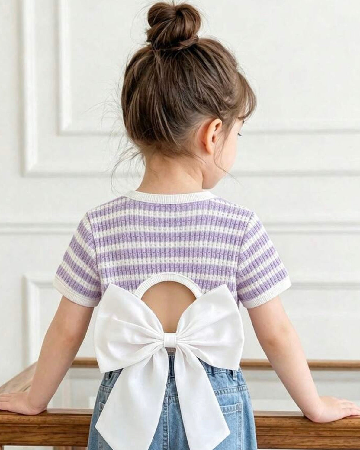 Girls Purple & White Striped Jacquard Camisole Top with Bow Back