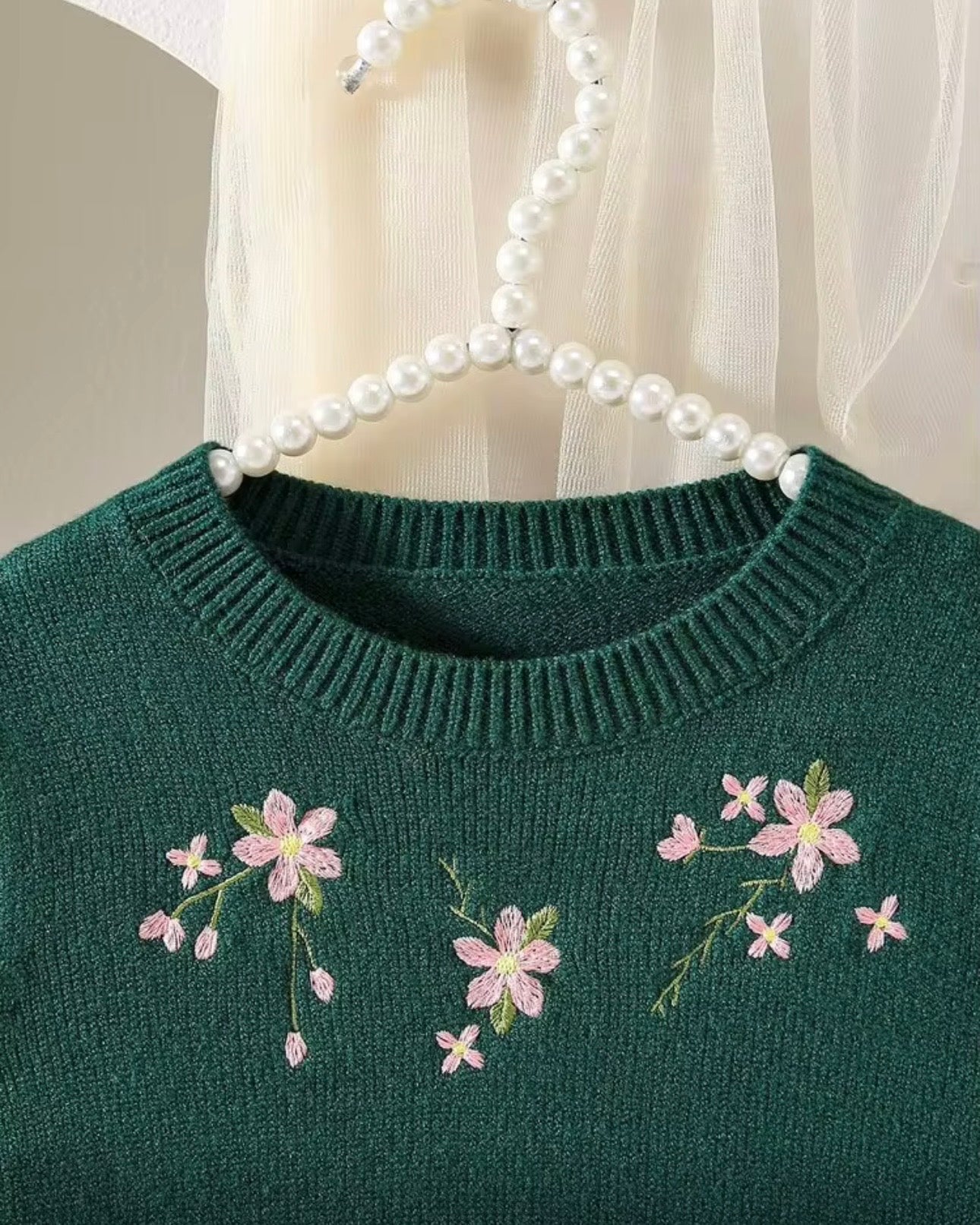 Girls’ Green Floral Jacquard Cardigan & Pleated Skirt Set