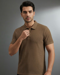 Men’s Coffee Brown Colour Half Textured Sleeve Casual Polo Shirt – Summer