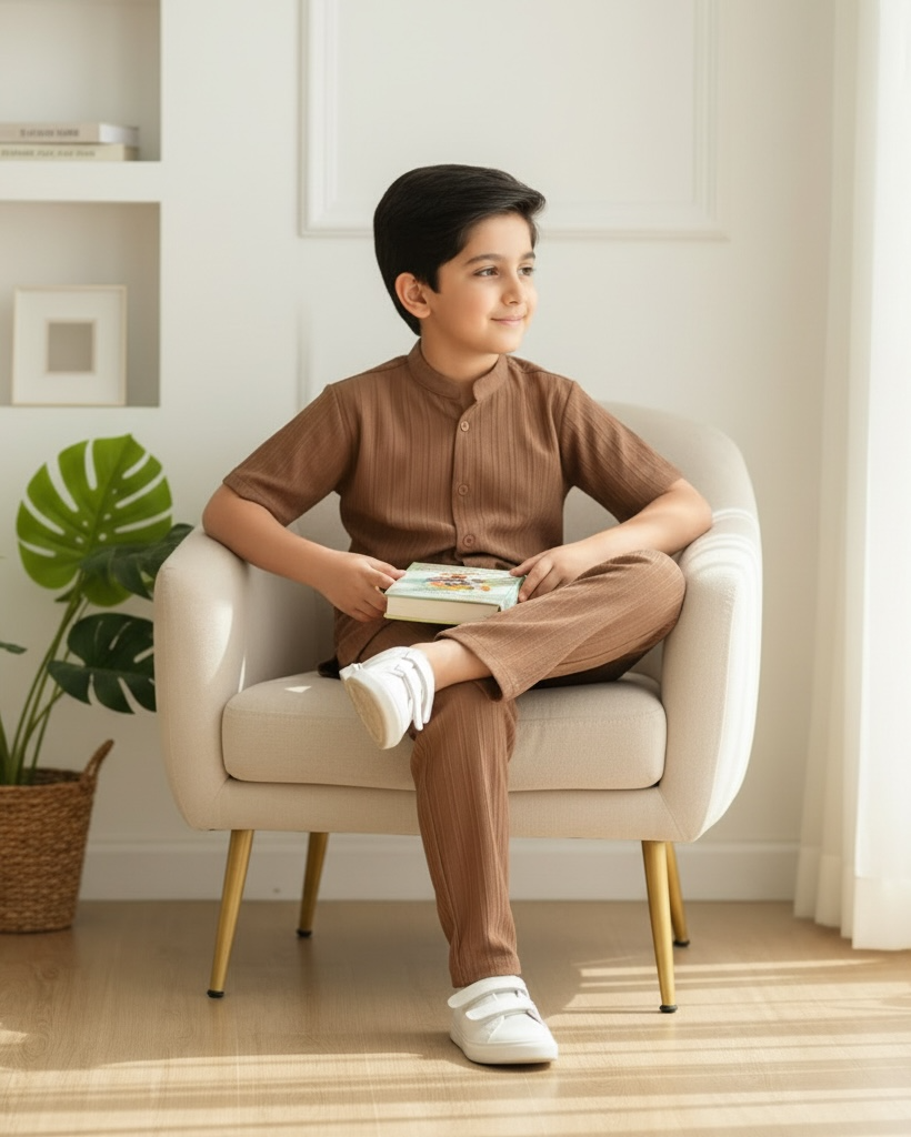 Tween Boys Brown Textured Shirt & Trouser Set