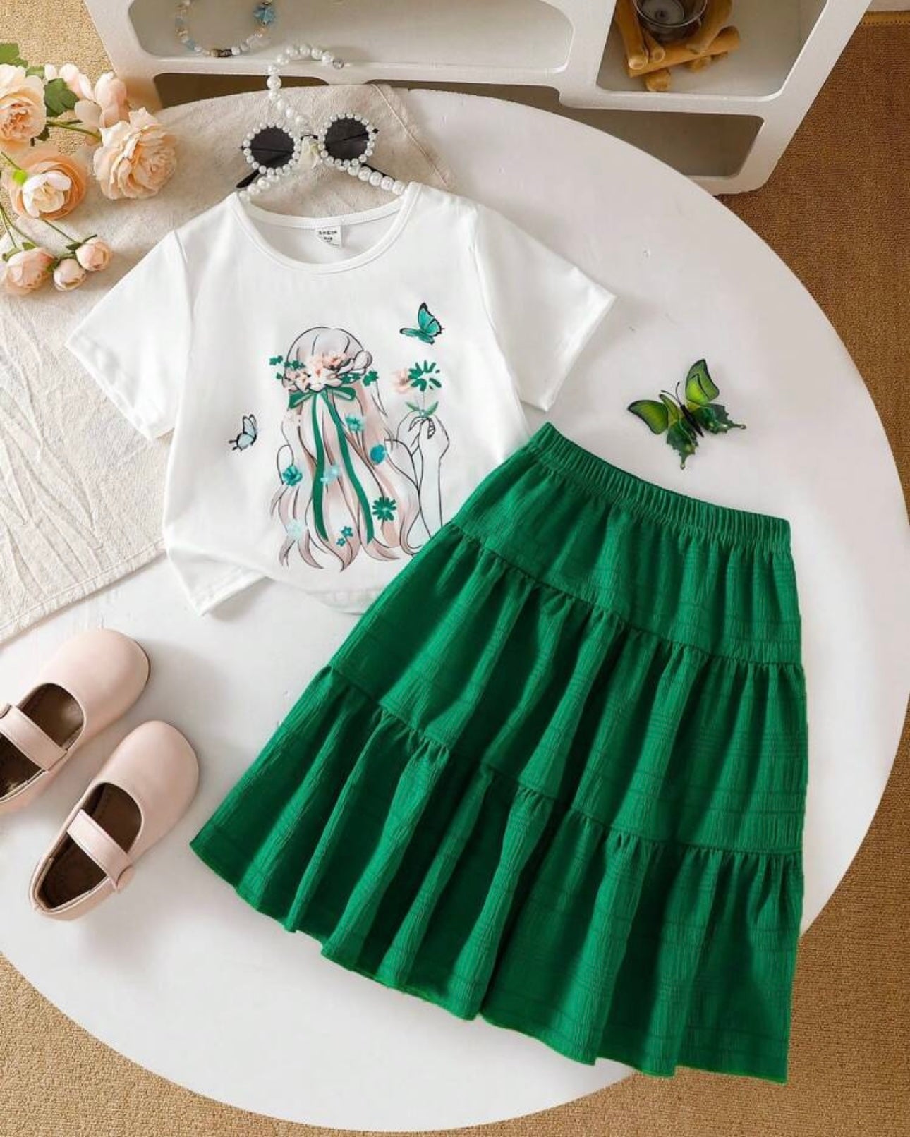 2pcs Girl Green Floral Print Shirt and Silhouette Skirt Set