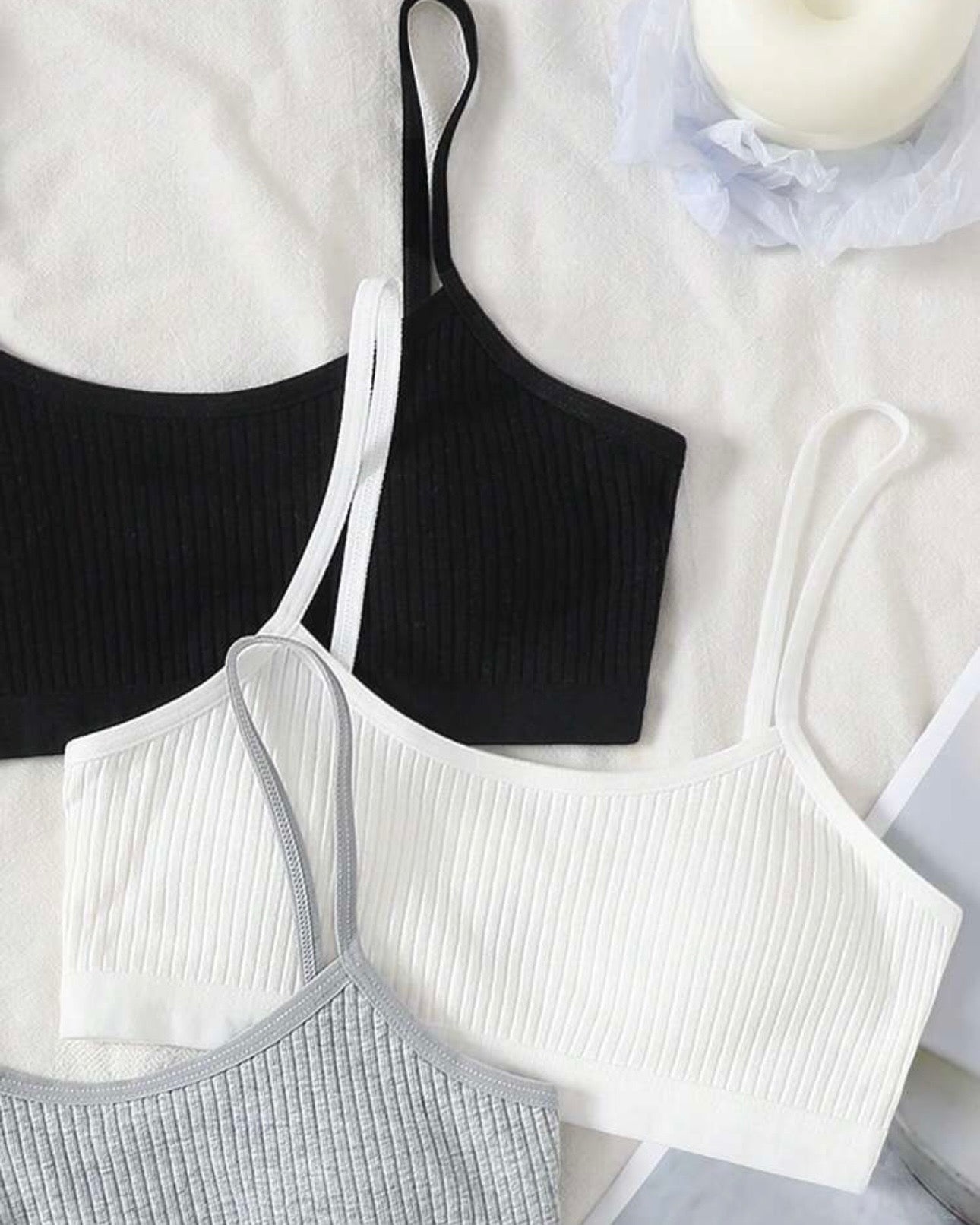 3pcs Tween Girls’ Comfortable Padded Bras – Black, White & Grey Set