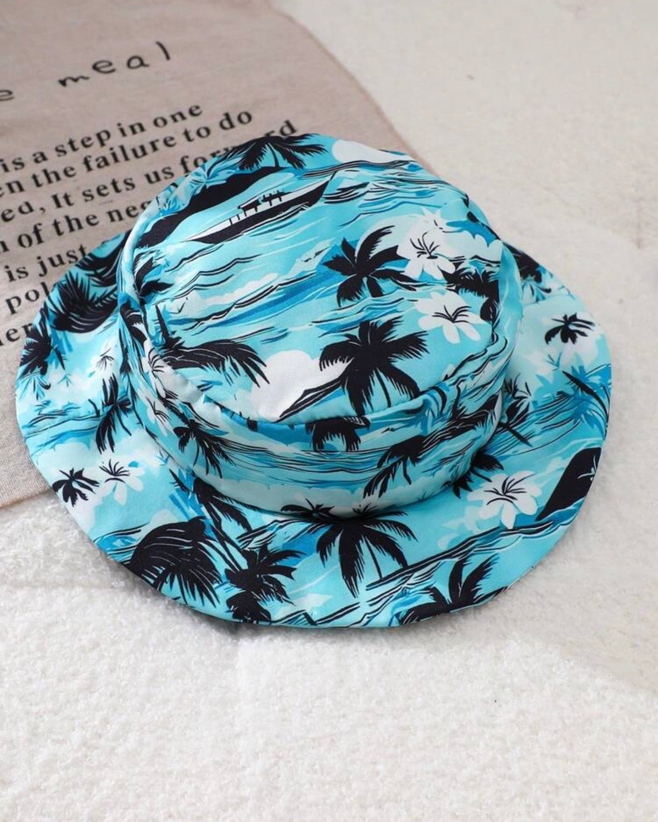 Boys 3pc Blue & White Stripe Summer Time Print Top, Coconut Tree Beach Shorts & Hat