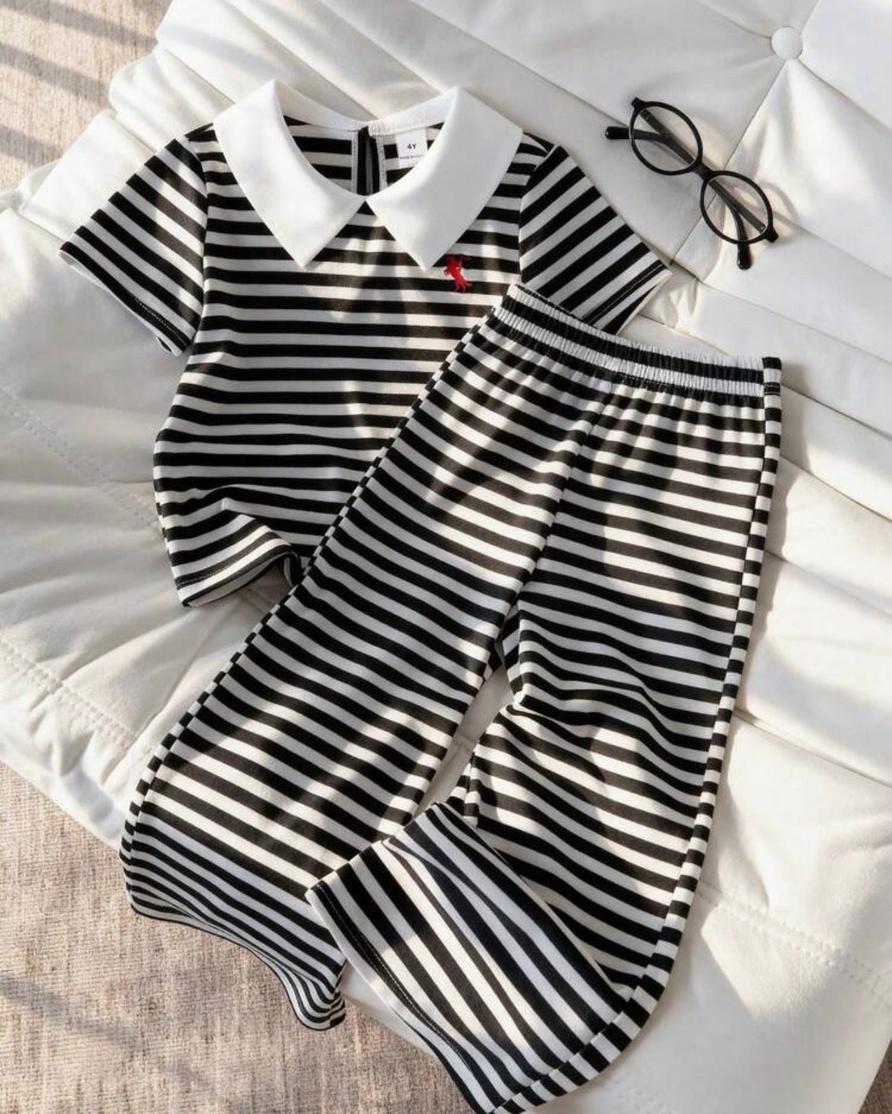 Kids 2pcs Knitted Striped Polo Set – Black & White