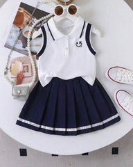 Cartoon Print Polo Vest And Pleated Skirt Casual Outfit For Girls