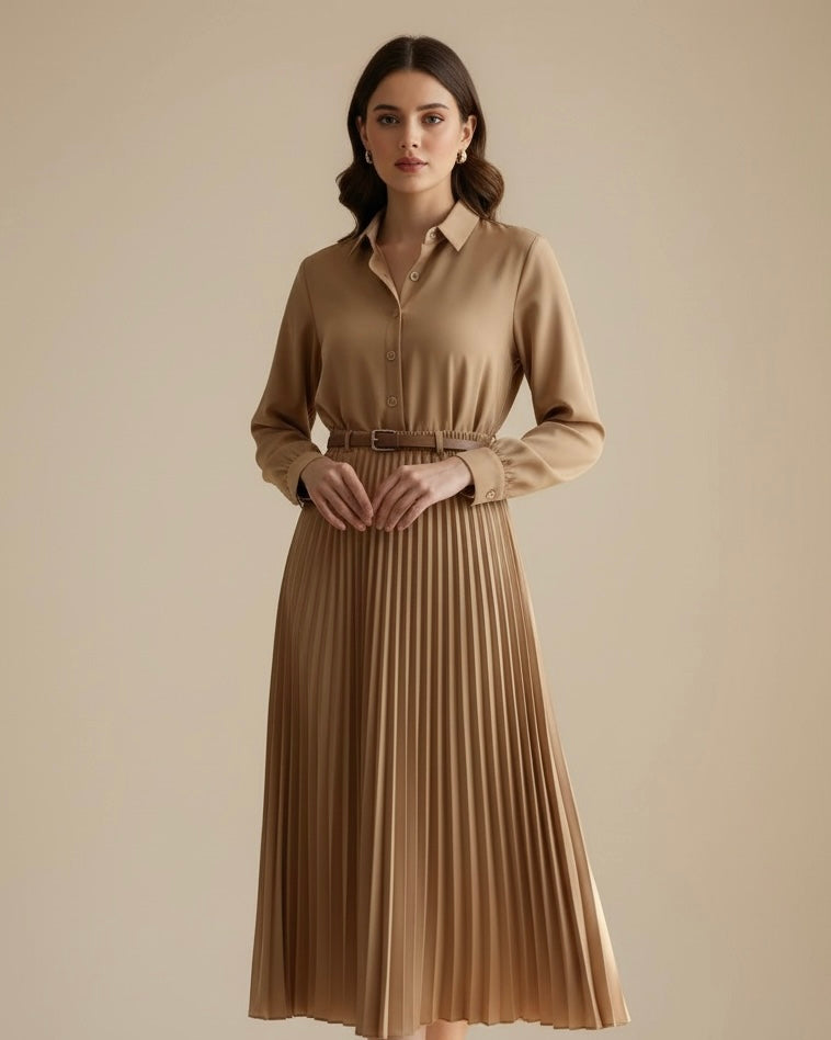 Solid Color Long Sleeve Shirt Paired With A-Line Skirt, Pleated Skirt Comes With Belt