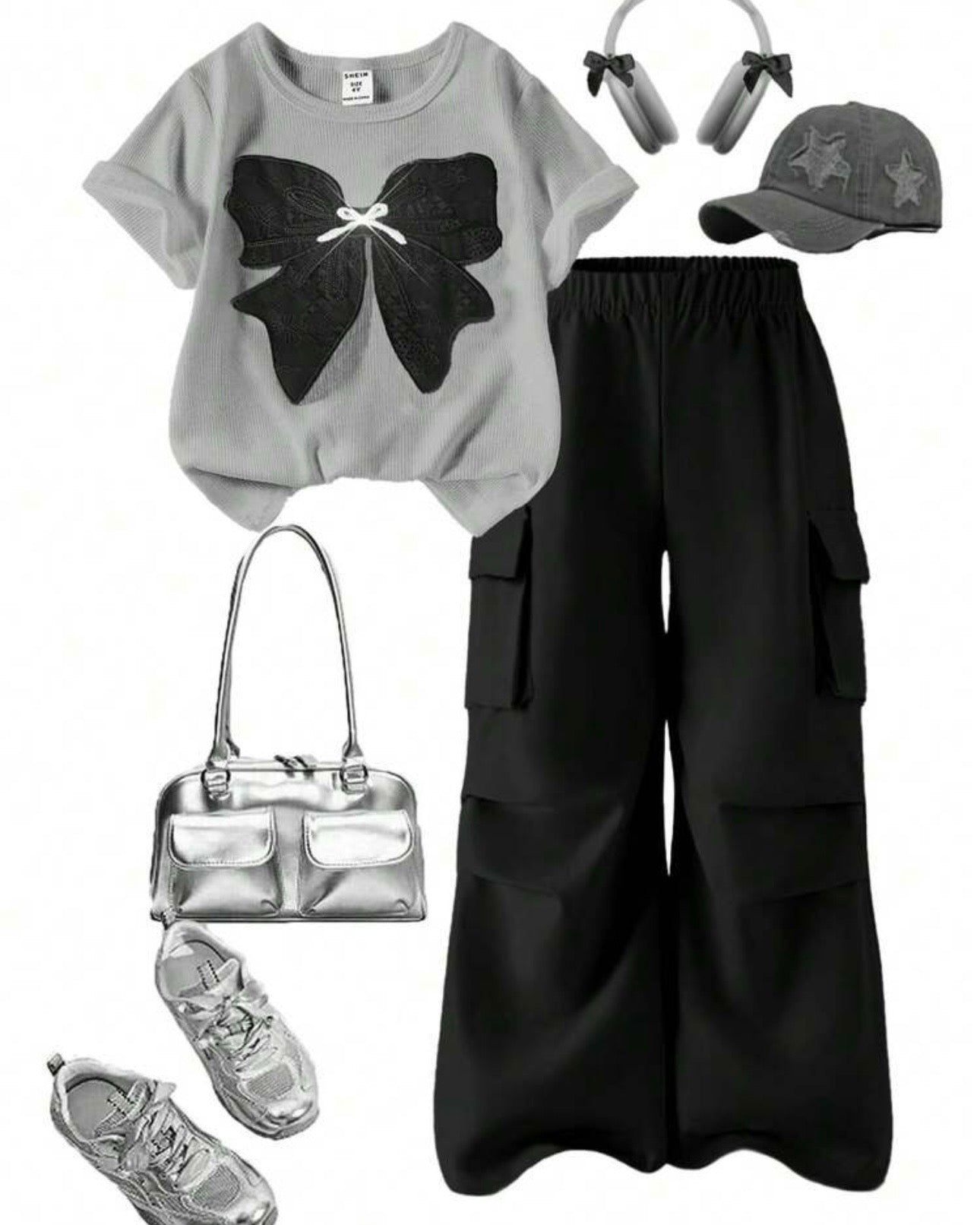 Girls Black Bow Embroidery Grey T-Shirt & Cargo Pants Set