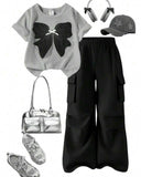 Girls Black Bow Embroidery Grey T-Shirt & Cargo Pants Set