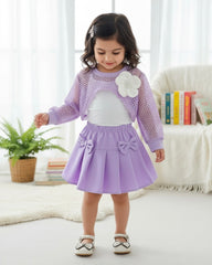 Baby Girls Purple 3PCS Elegant Outfit Set – Camisole, Pearl Flower Vest & Bow Pleated Skirt