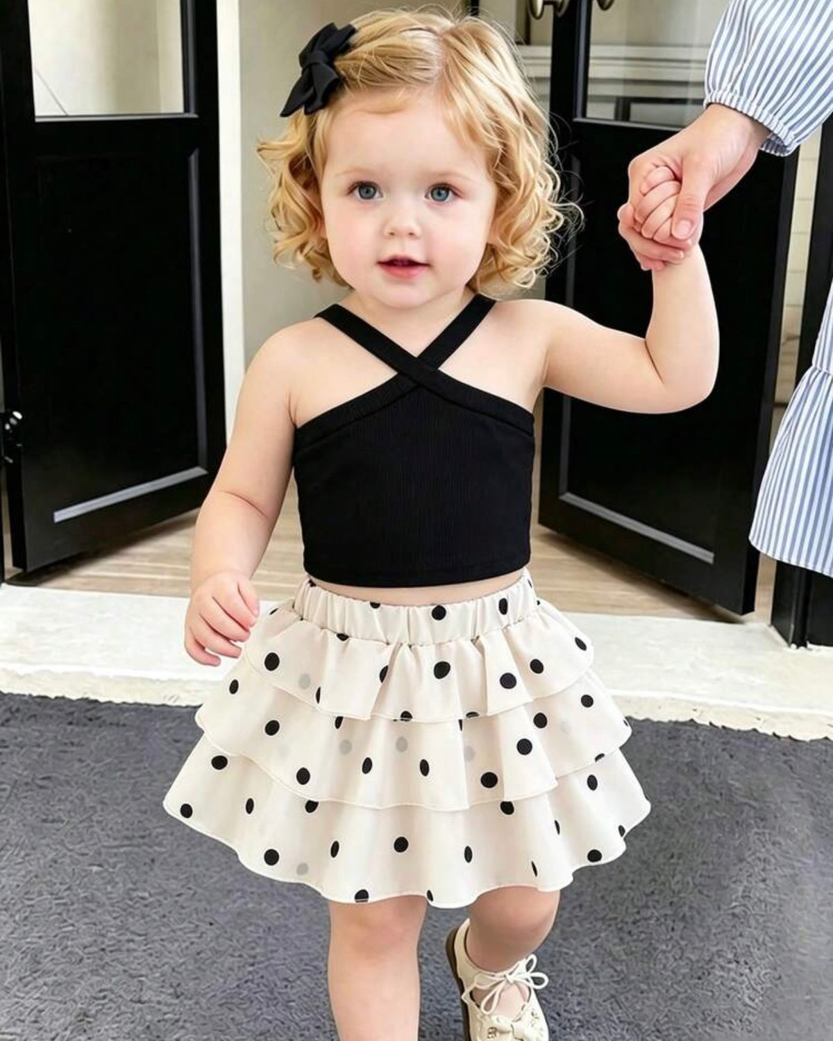 Baby Girl Black & White Polka Dot Dress Set – Korean Style Cross Strap Cake Dress