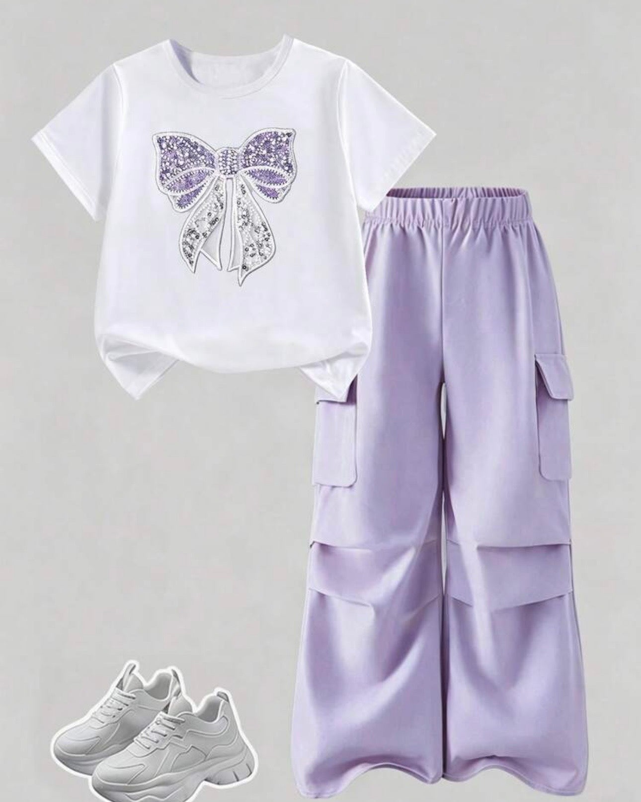 Tween Girls Purple Bow Embroidery White T-Shirt & Cargo Pants Set