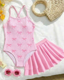 Girls Bow Print One-Piece Swimsuit with Pink Skirt