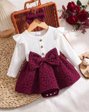 Ribbed Patchwork 3D Bowknot Meroon Bodysuit Dress With Headband