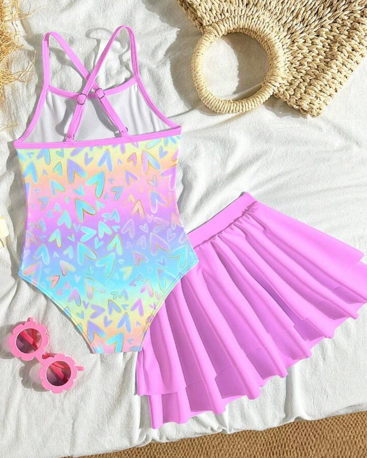 Girls Gradient Heart Print One-Piece Swimsuit with Skirt