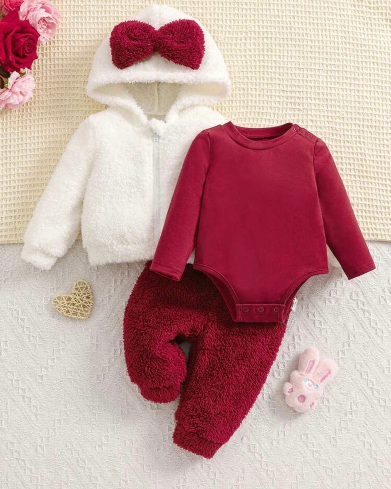 Newborn Baby Girl Fuzzy Bow 3-Piece Set (3 Colours)