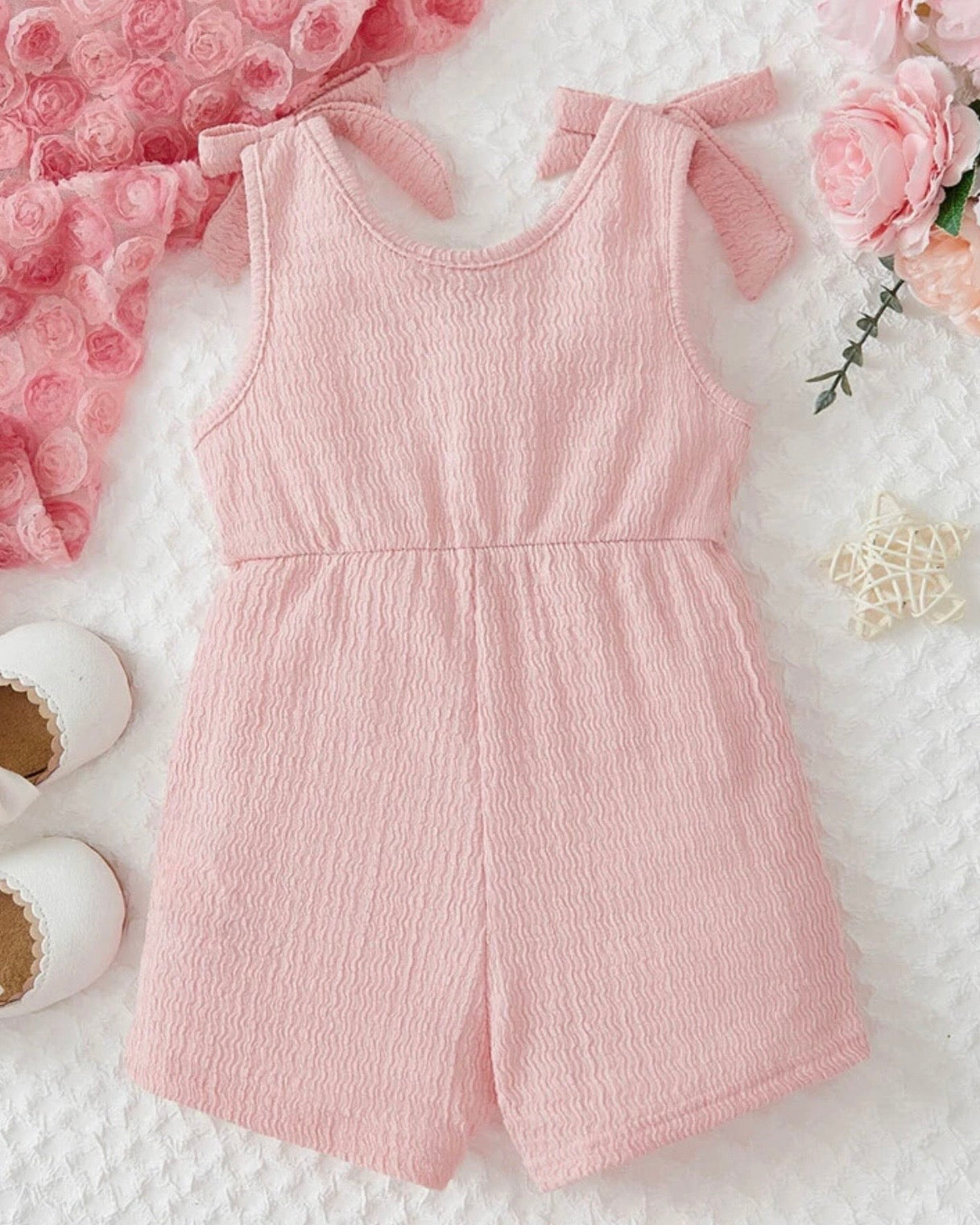 Baby Girl Summer Pink Color Cross Wrap V-Neck Sleeveless Romper