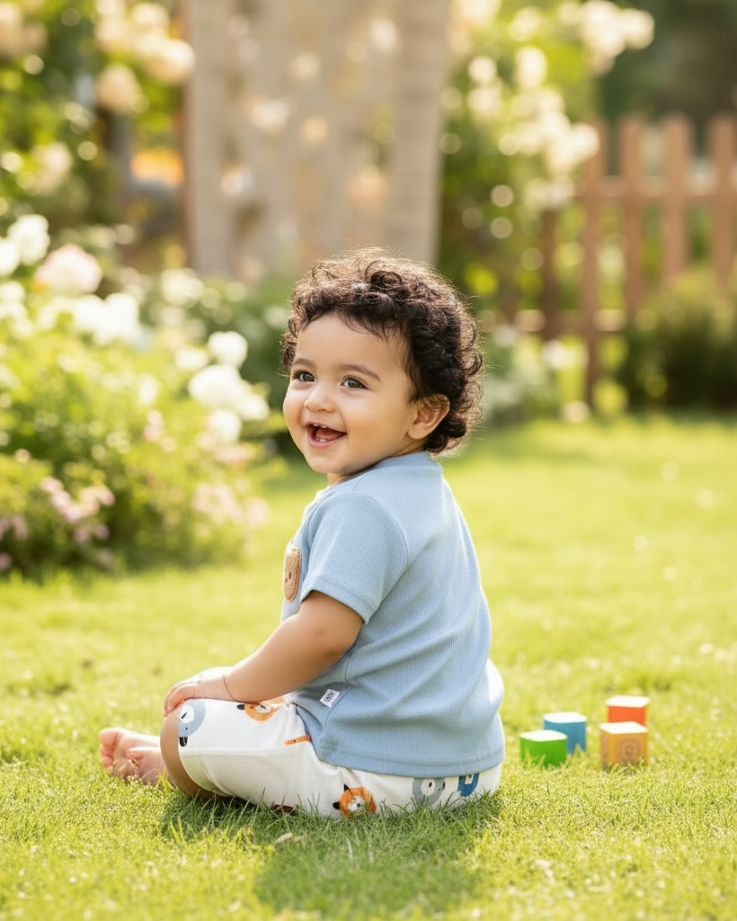 Baby Boy Bear Sky Blue Ribbed Summer Set