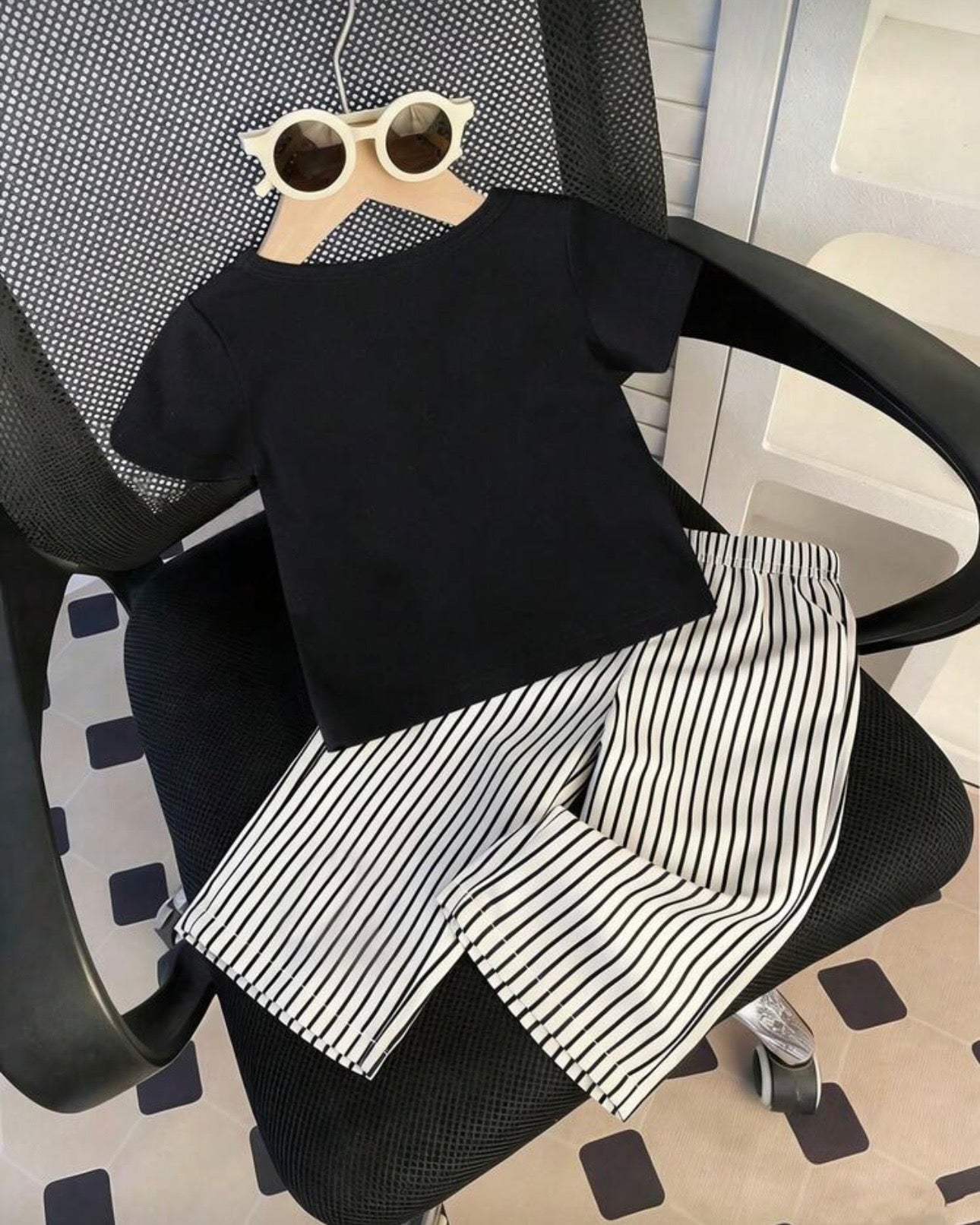 Black Shirt with Striped Pants Set
