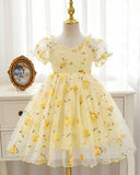 Lemon Puff Sleeve Formal Party Tulle Dress with Cinched Waist