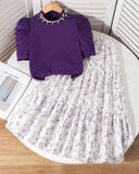 Tween Girl 2Pcs Outfit – Dark Purple Faux Pearl Top & Floral Ruffle Skirt Set