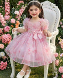 Girls Pink Floral Princess Dress with Petal Sleeves & Back Bow