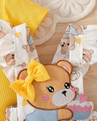 3pcs Baby Girls Yellow Ribbed Romper & Ruffled Overall Dress Set with Bow Headband