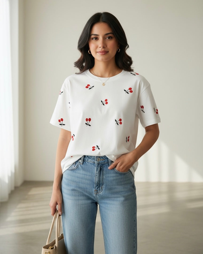 Women's Casual Cherry Print Short Sleeve T-Shirt, Summer