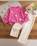 Girls Pink 3D Floral Decor Round Neck Long Sleeve Sweatshirt And Pants Set