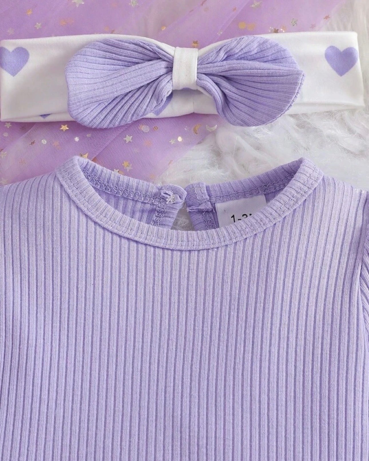 3pcs New Born Mauve Purple Girls Ribbed Romper, Pants and Headband
