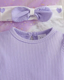 3pcs New Born Mauve Purple Girls Ribbed Romper, Pants and Headband