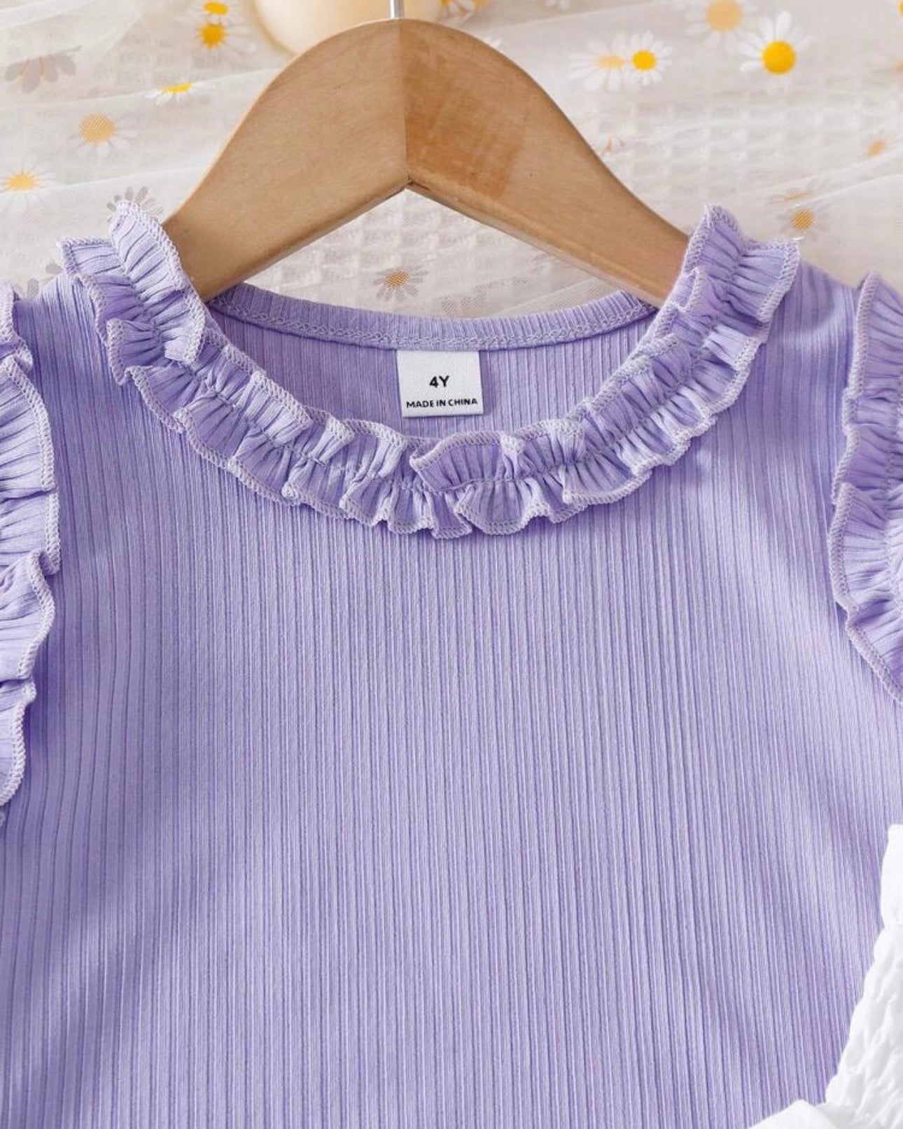 Girls’ Purple Ribbed Camisole & White 3D Floral Double-Layer Skirt Set