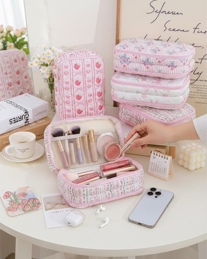 Multicolor Floral Quilted Vanity Organizer Bag