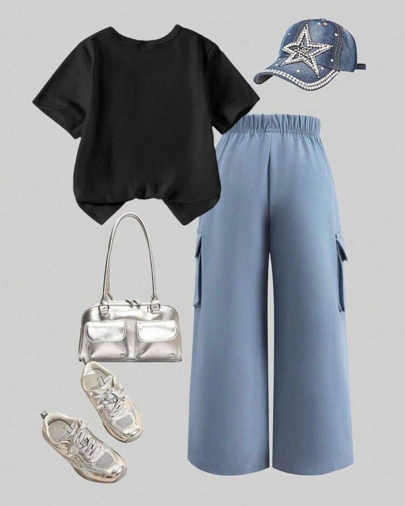 Girls Blue Bow Embroidery Black T-Shirt & Cargo Pants Set
