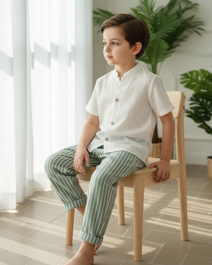 Young Boys 2-Piece Shirt & Green Striped Pants Set