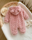 Baby Girl Winter 3D Pink Fluffy Heart Pattern Zipper Hooded Romper