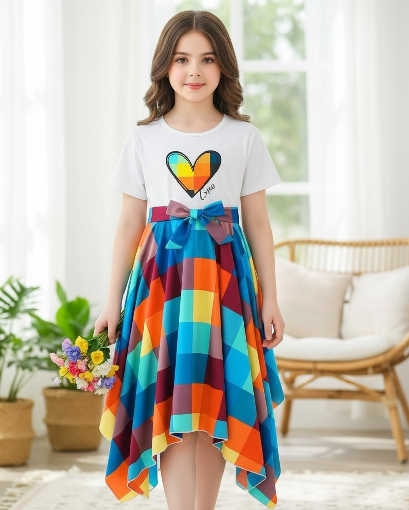 Tween Girl Heart Printed Patchwork Plaid Hem Dress
