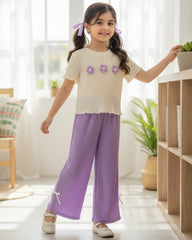 Girls Purple 3D Floral Textured T-Shirt & Pants Set – 2pcs Casual Outfit