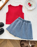 Girls Red Bow Top & Frilled Denim Skirt Set