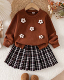 Young Girl Floral Brown Knit Sweatshirt & Pleated Mini Skirt