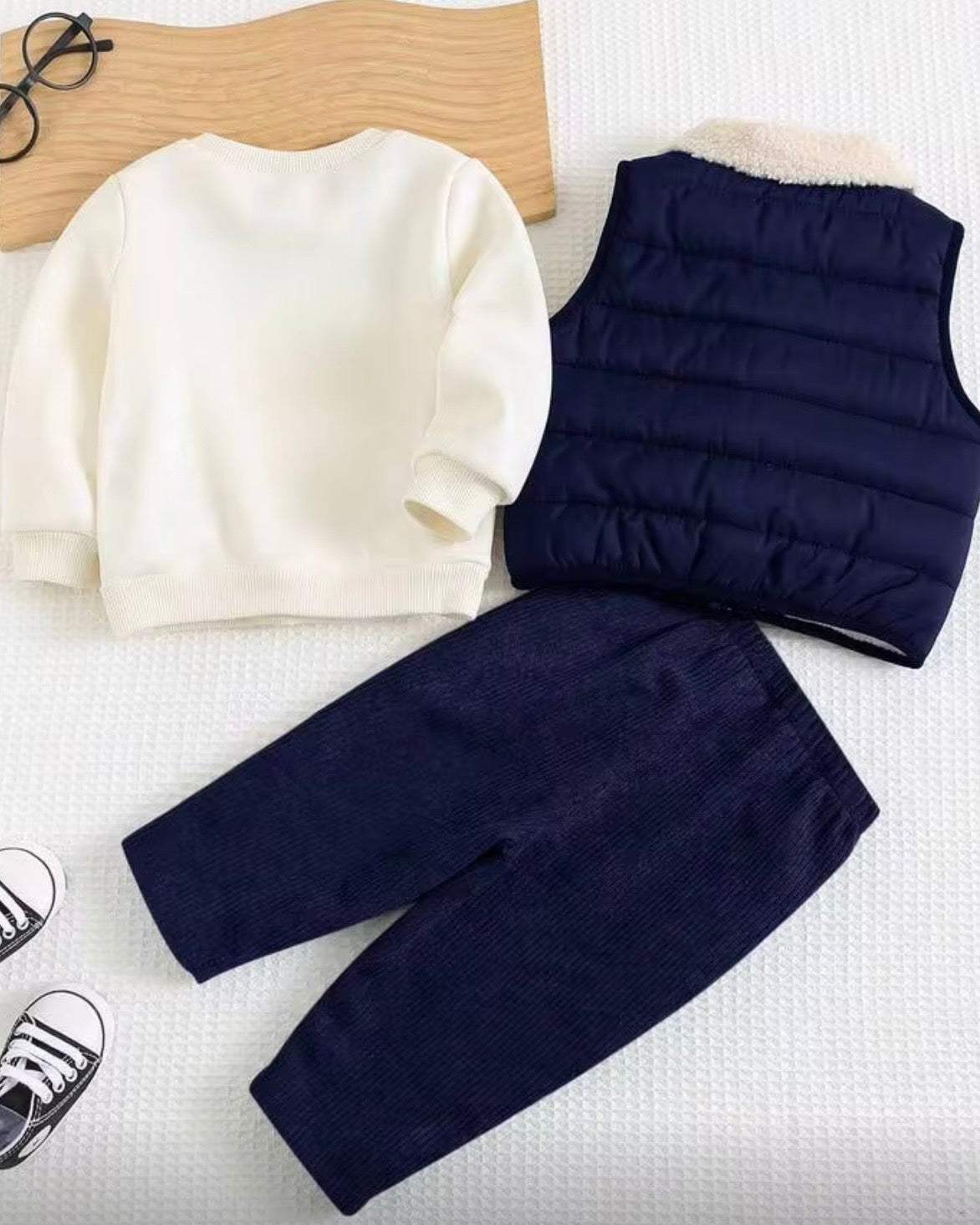Baby Boy sweatshirt, fleece-lined pants, and Blue vest jacket