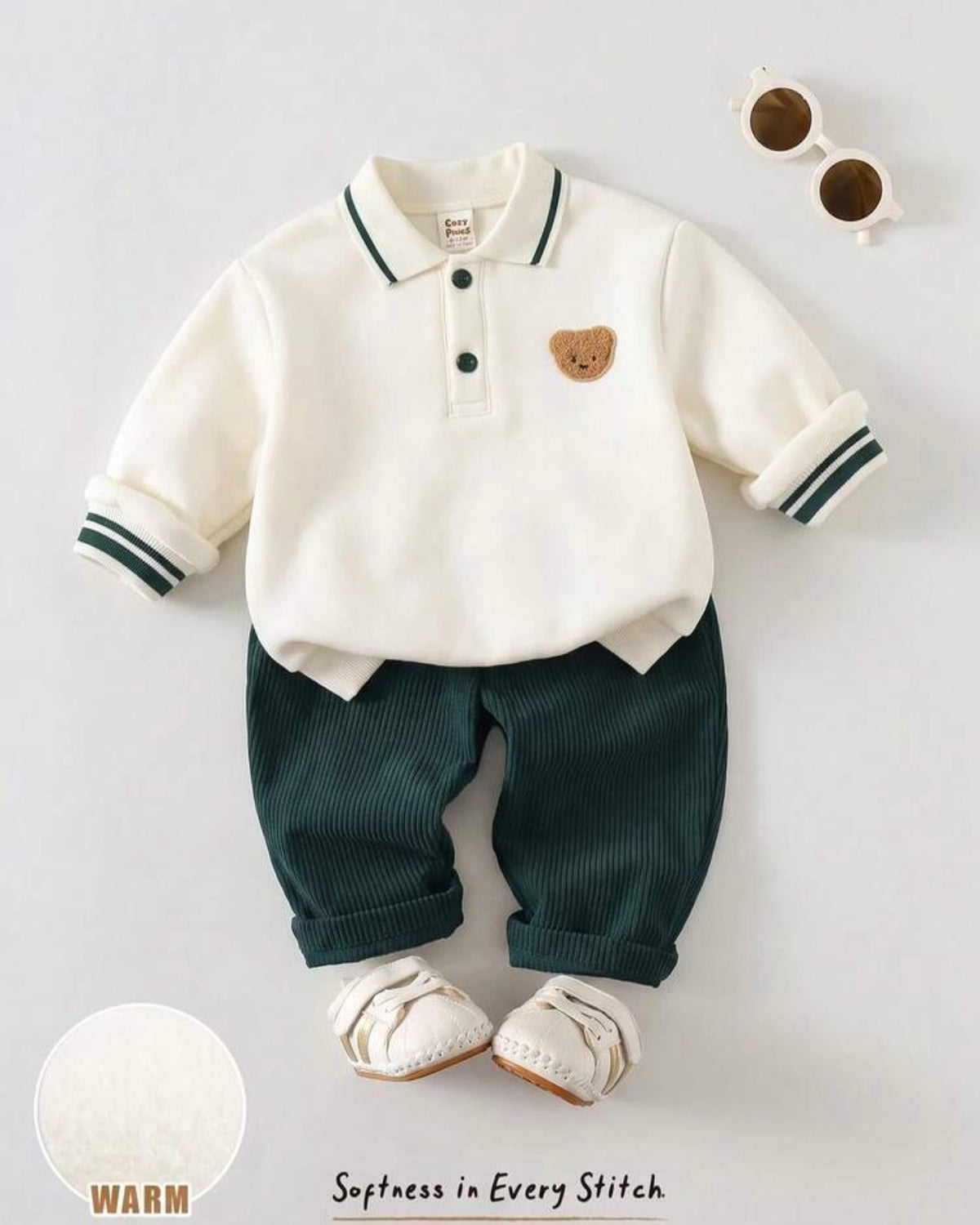 2pcs Baby Boy Bear Knit Pullover Sweatshirt &  Green Winter Pants