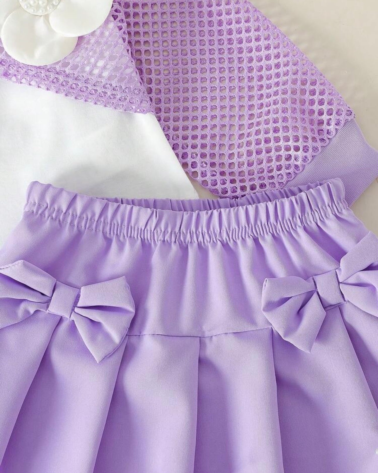 Baby Girls Purple 3PCS Elegant Outfit Set – Camisole, Pearl Flower Vest & Bow Pleated Skirt