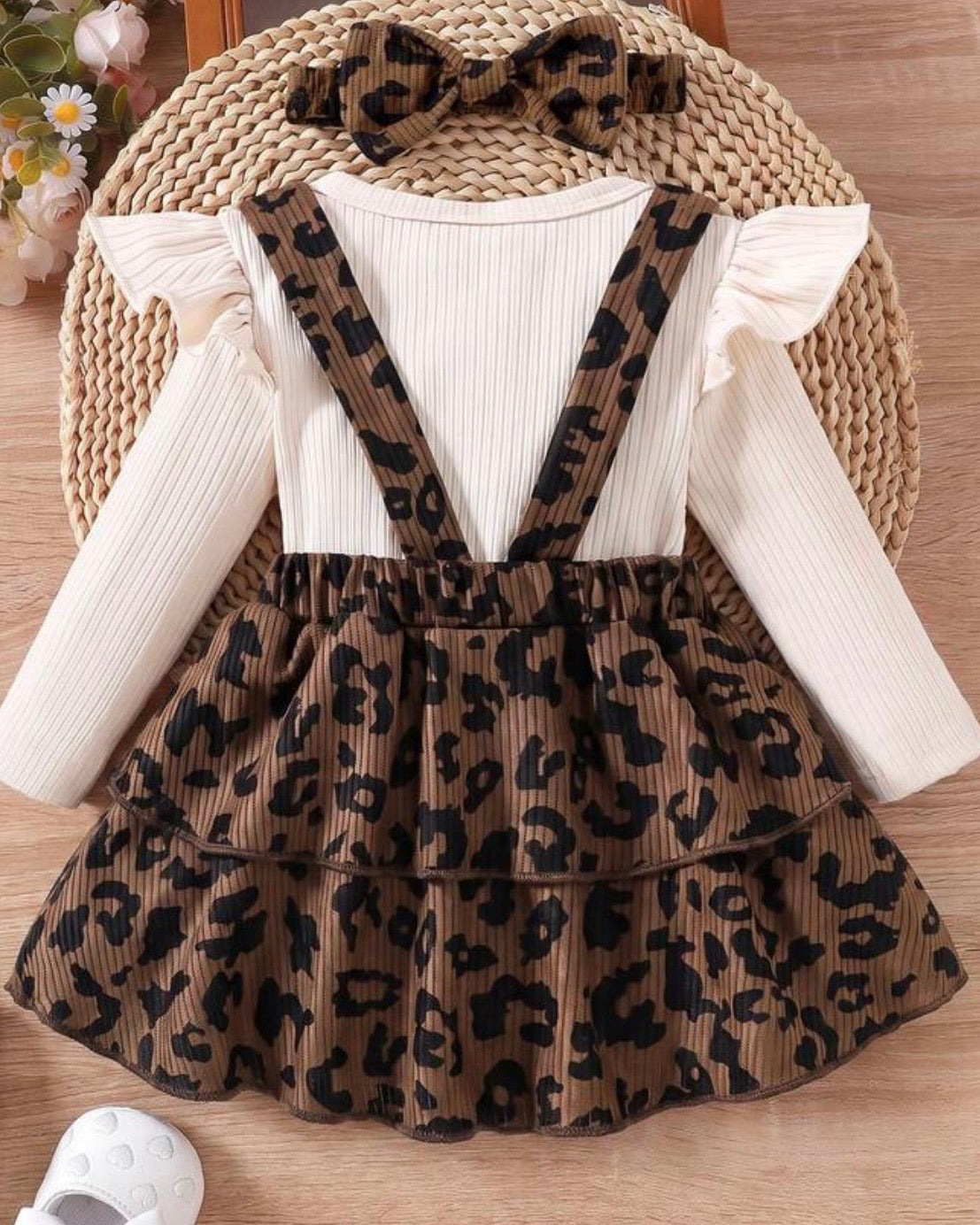 Baby Girl Brown Leopard Print Strap Dress Ribbed, Long Sleeve Bodysuit With Headband