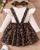 Baby Girl Brown Leopard Print Strap Dress Ribbed, Long Sleeve Bodysuit With Headband