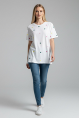 Women Contrast Color Round Neck Heart Print T-Shirt