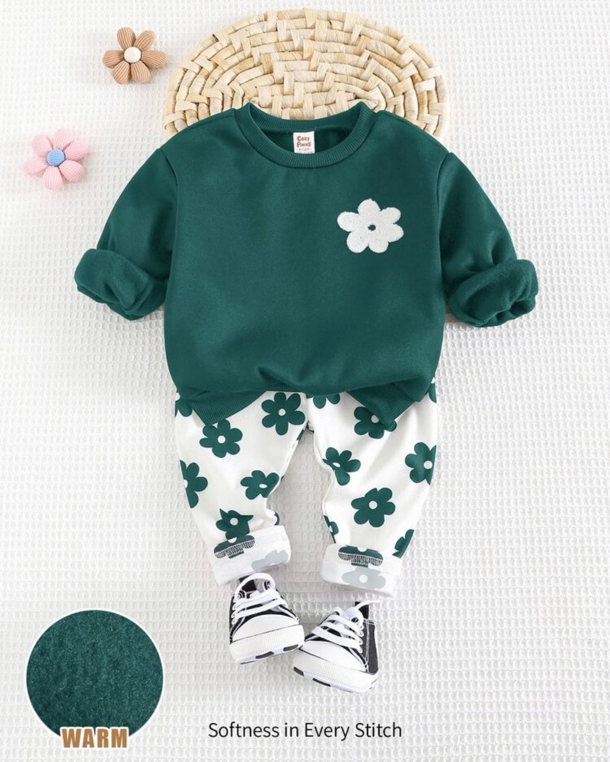 2pcs Baby Girl Floral Print Green Soft Crew Neck Long Sleeve Sweatshirt And Pants Set