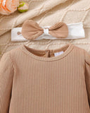 3pcs New Born Apricot Girls Ribbed Romper, Pants and Headband