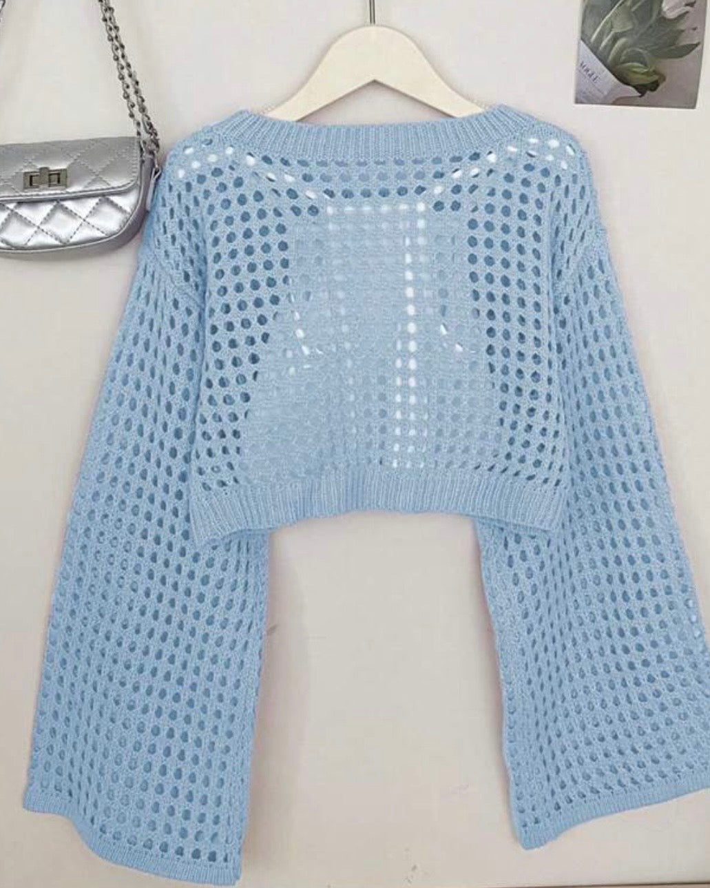 Tween Girls Teal Blue Crew Neck Long Sleeve Hollow Knitwear